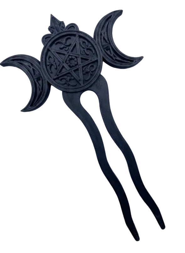 Gothic Haarnadel „Triple Moon & Pentagramm“ – Schwarz